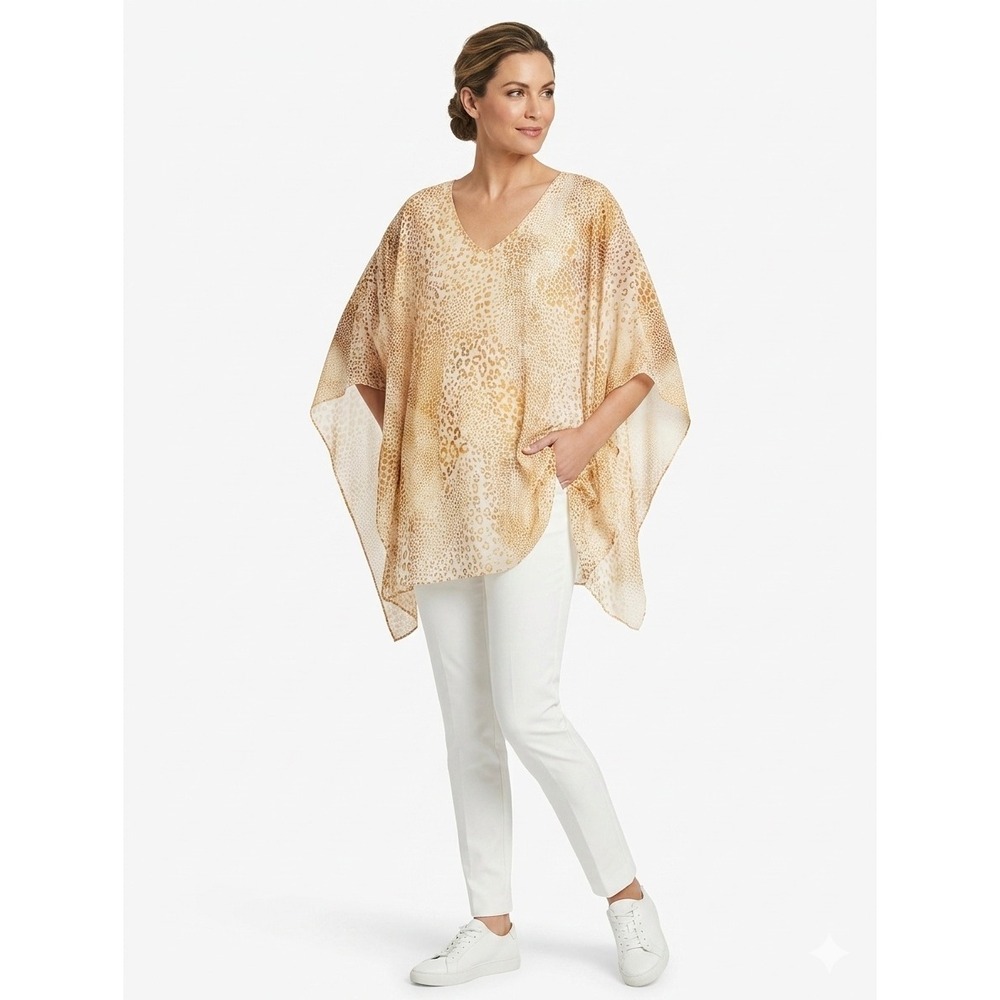 Muche Et Muchette Peta-Boo Tunic Animal Print V-Neck Poncho Top Tan‎ Gold MS6-48